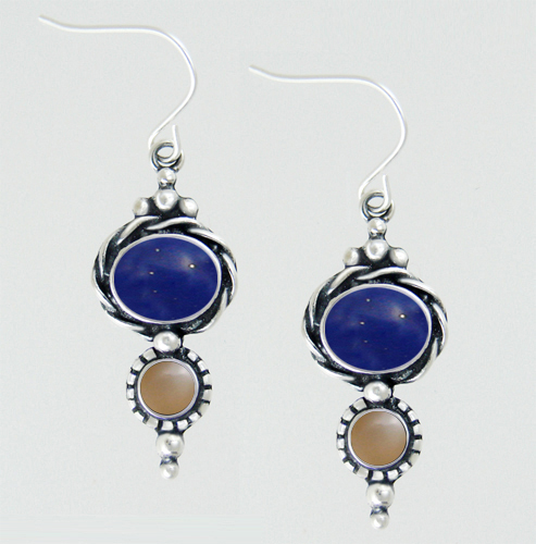 Sterling Silver Drop Dangle Earrings With Lapis Lazuli And Peach Moonstone